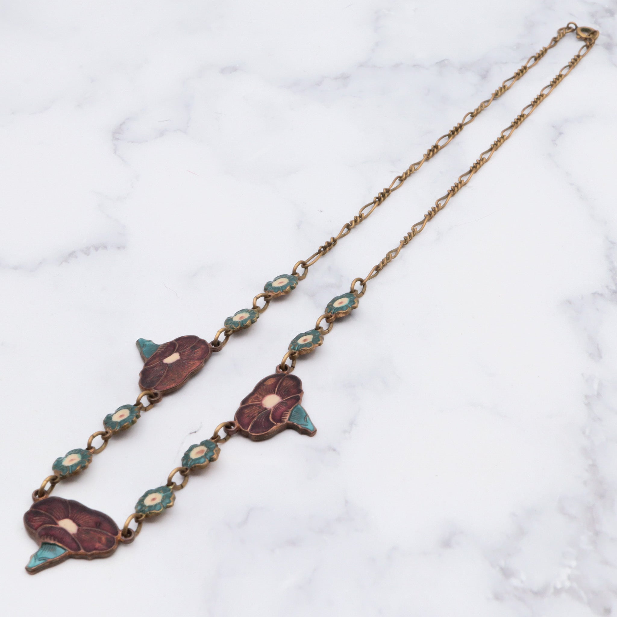 Antique Art Nouveau enamel on copper and brass floral necklace, 16.5"